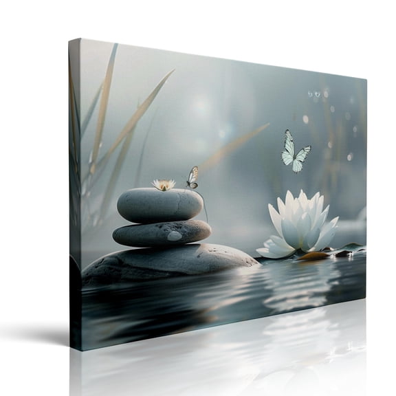 Framed Lotus on Water Canvas Wall Art, Butterflies Calming Nature Print for Yoga Spa Relaxing Wall Decor