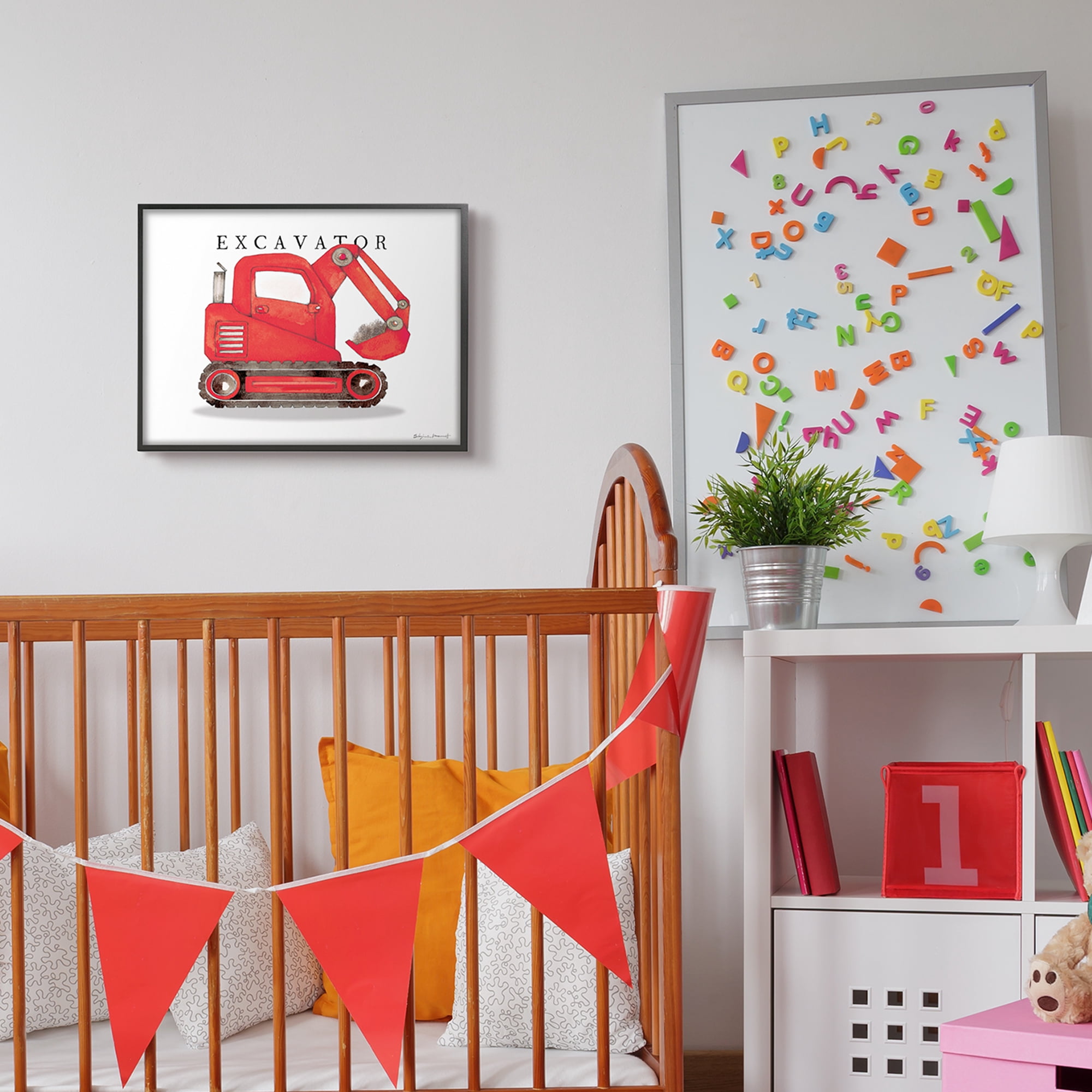 Stupell Industries Red Excavator Truck Traditional Construction Vehicle Transportation Painting Black Framed Art Print Wall Art, 16 x 20