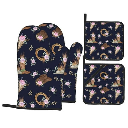 

Oven Mitts and Pot Holders 4 pcs Set cow skulls cowgirl flowers Heat Resistant Pot Holders Oven Mitts for kitchen Non-Slip Hanging Loop Oven Glove Potholders for Baking Cooking
