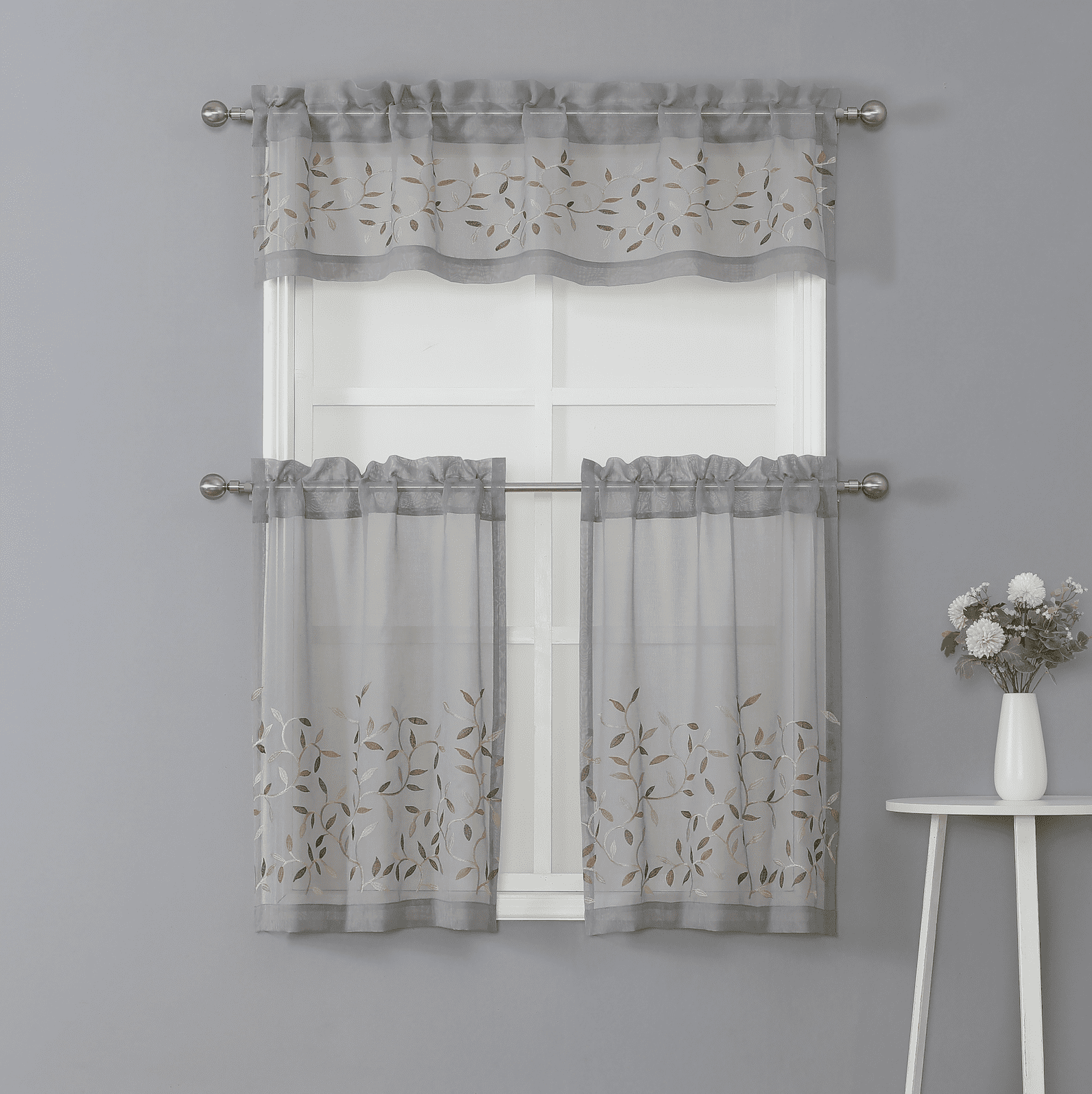 Kate Aurora Shabby Sheer Embroidered Complete 3 Piece Floral Rod Pocket