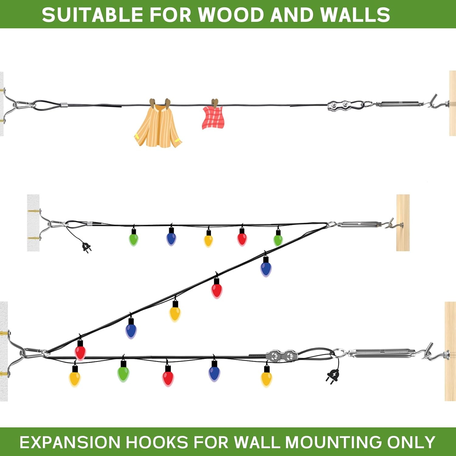 String Light Hanging Kit with 164FT Vinyl Coated Stainless Steel 304 Wire Rope Suspension Kit Included Enough Accessories with Turnbuckles and Hooks for Patio, Garden and Wedding Lighting