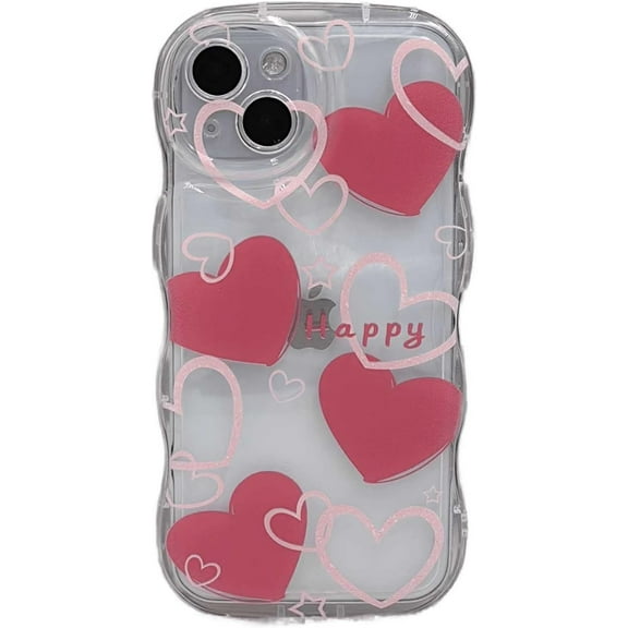 Case for iPhone 13, Cute Clear Love Heart Case, Wavy Edge Soft TPU Shockproof Phone Case Curly Wave Frame Case (Pink Love Heart, iPhone 13 6.1-inch)