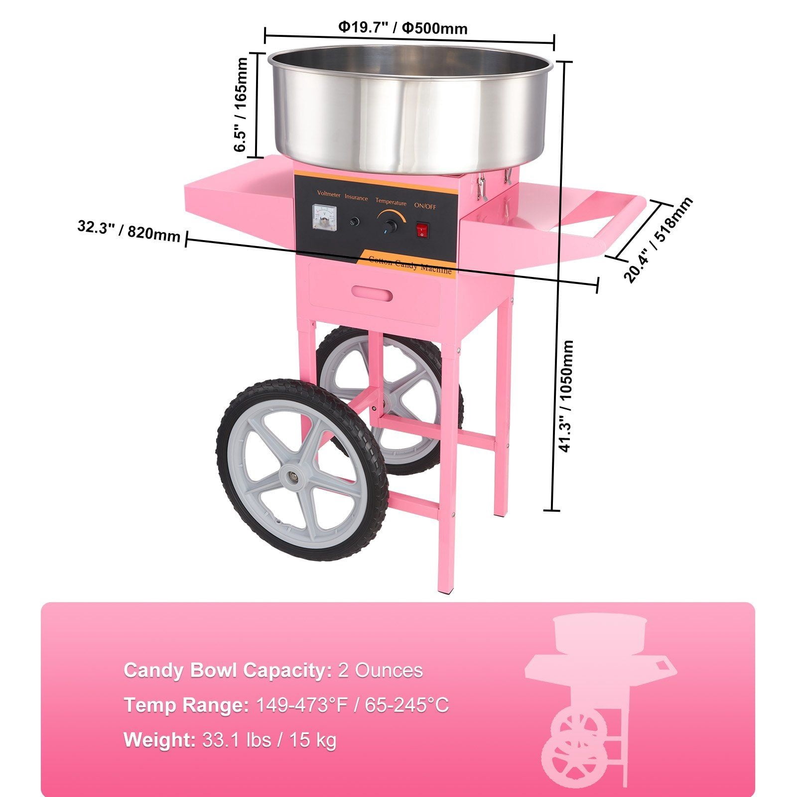 Cotton Candy Machine Commercial, 1000W Electric Floss Maker with Cart, Stainless Steel Bowl, Pink - for Parties, Kids, Home Use