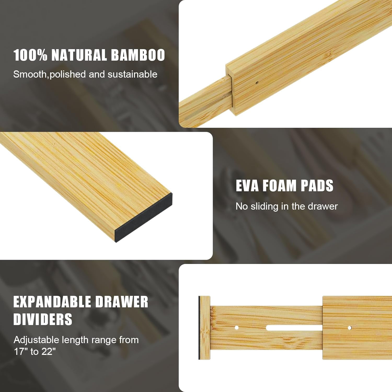 Bamboo Drawer Dividers,17-22" Adjustable Kitchen Drawer Organizer for Clothes,4 Pack Expandable Drawer Organization Separators for Bedroom,Bathroom,Dresser and Office