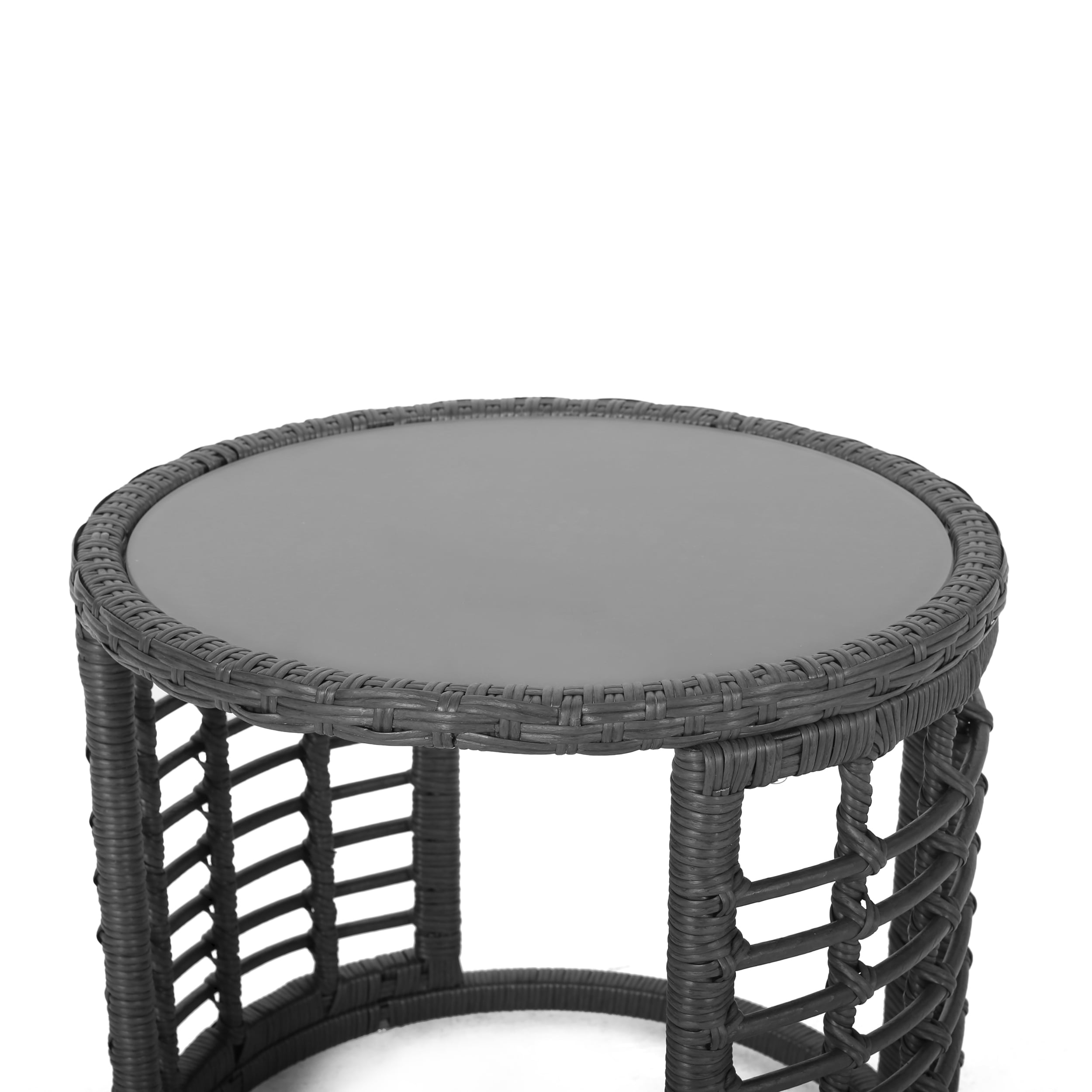 Harrisburg Outdoor Modern Boho Wicker Side Table with Tempered Glass Top, Gray