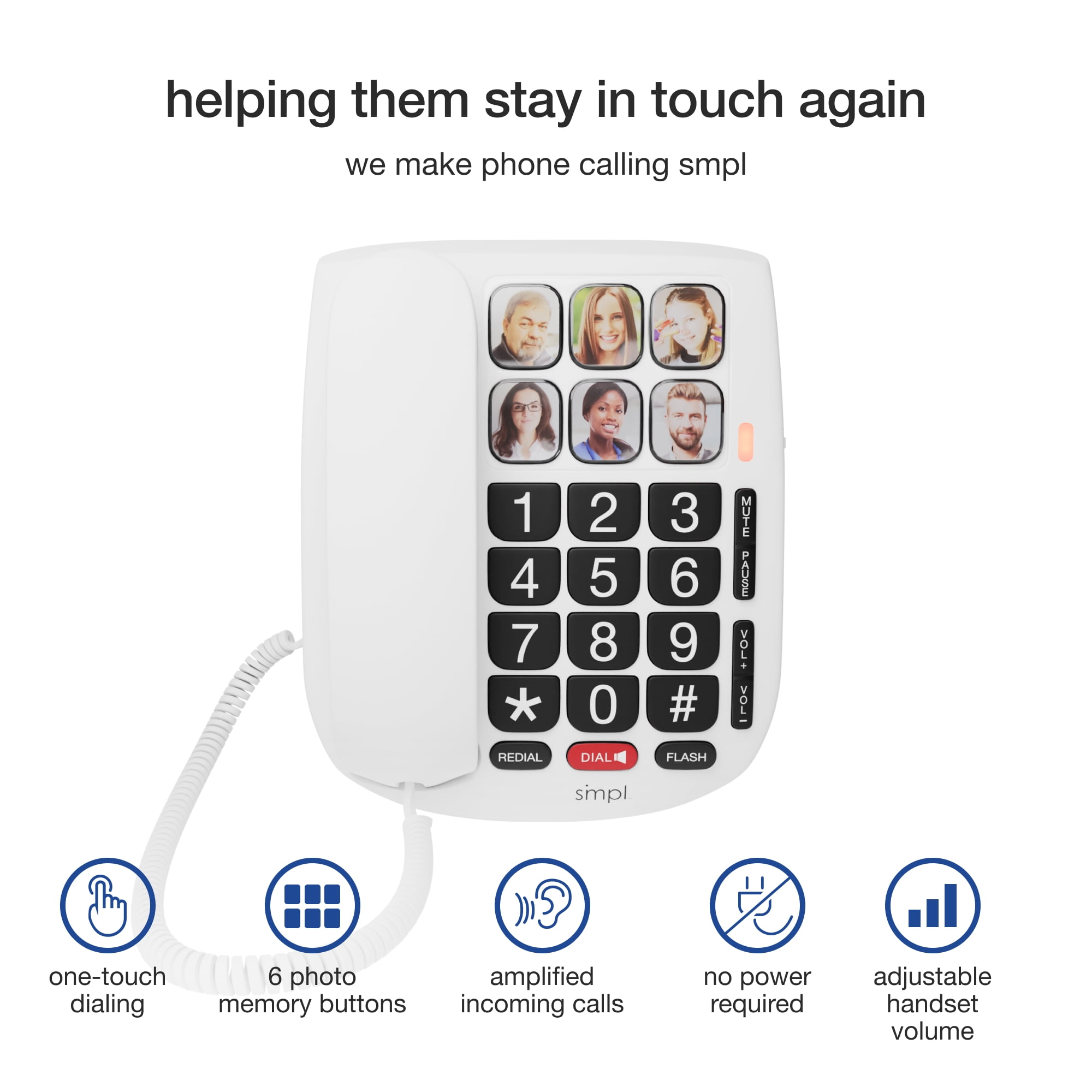 SMPL Hands-Free Dial Photo Memory Big Button Phone for Seniors - One-Touch Dialing, Large Buttons, Hearing Impaired Phones for Elderly, Alzheimer's, Dementia.