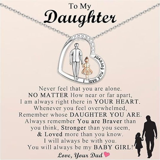 S925 Sterling Silver Father Daughter Heart Pendant Necklace I Love You Forever Jewelry Birthday Anniversary Christmas Valentines Mothers Day Gifts for Women Daughter