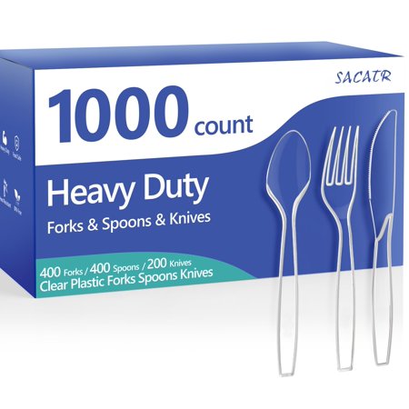 SACATR 1000 Count Plastic Silverware Heavy Duty - 400 Forks, 400 Spoons, 200 Disposable Knives, BPA-Free, Disposable Plastic Cutlery Set, Plasticware Suitable for Party Everyday Use ﻿