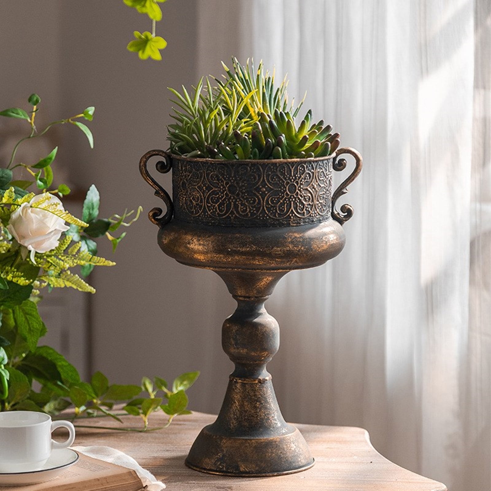 Iron Flower Pots Planter Decorative Urn With Embossed Relief Detail Adding Elegances To Porch Or Living Room Centerpiece