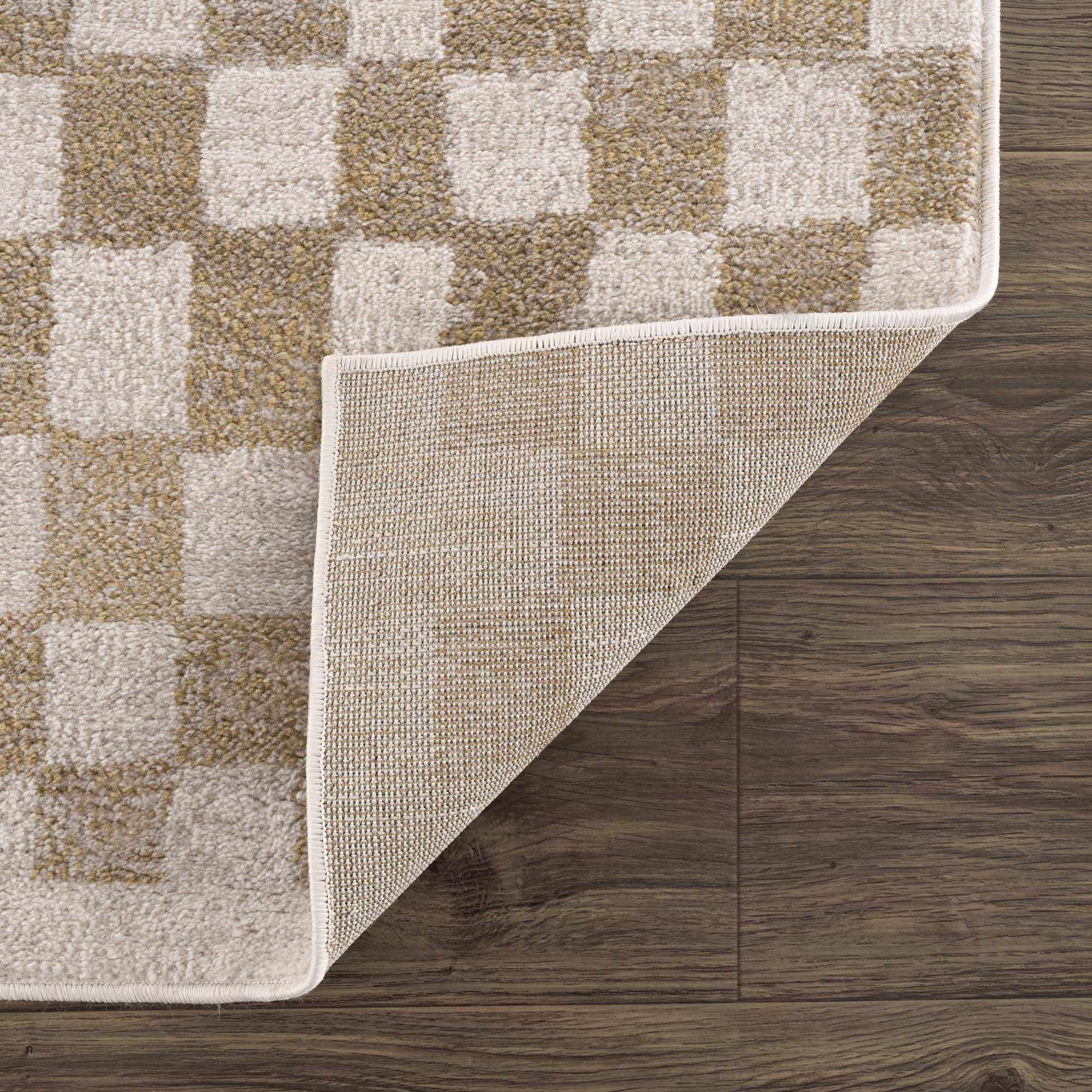 Hauteloom Pertek Modern Checkered Runner Rug - Modern Geometric Carpet for Hallway, Kids Room, Nursery - Bohemian Boho Carpet - Cream, Gold - 2'7" x 10'