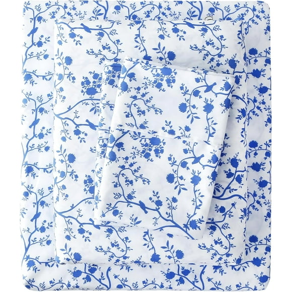czcpp-Cozy Vintage Microfiber Printed Full Sheet Set - Soft & Breathable Percale Cotton Bed Sheets with Extra Deep Pocket - Non-Slip Fitted Design - Blue Coarse Branches Pattern - Full