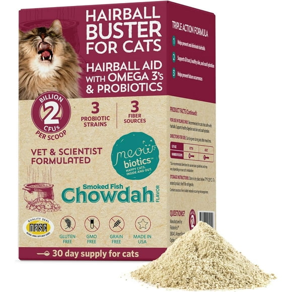 - Meowbiotics Hairball Buster Powder for Cats with Probiotics 2 Billion CFU Smoked Fish Chowdah Flavor - 30 Serving(s)