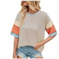 thumbnail image 2 of Sevevn Women's Casual Matching Sleeve Round-Neck Short Sleeved Top Khaki M Sales Today Clearance, 2 of 5