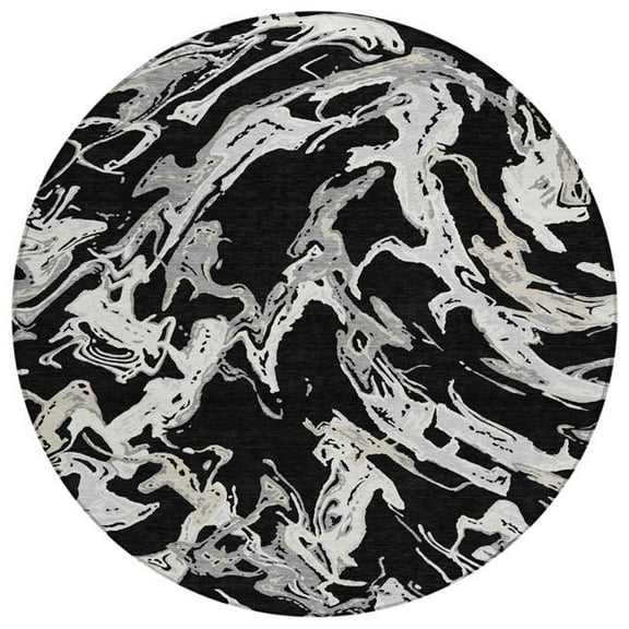 HomeRoots 600068 8 ft. Black & Gray Round Abstract Washable Indoor & Outdoor Area Rug