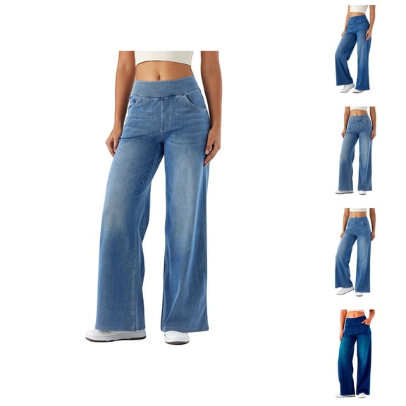 Women Jeans 2026 Fashion Loose Fit Wide Leg Stretchy High Waisted Straight Leg Denim Pants with Pockets