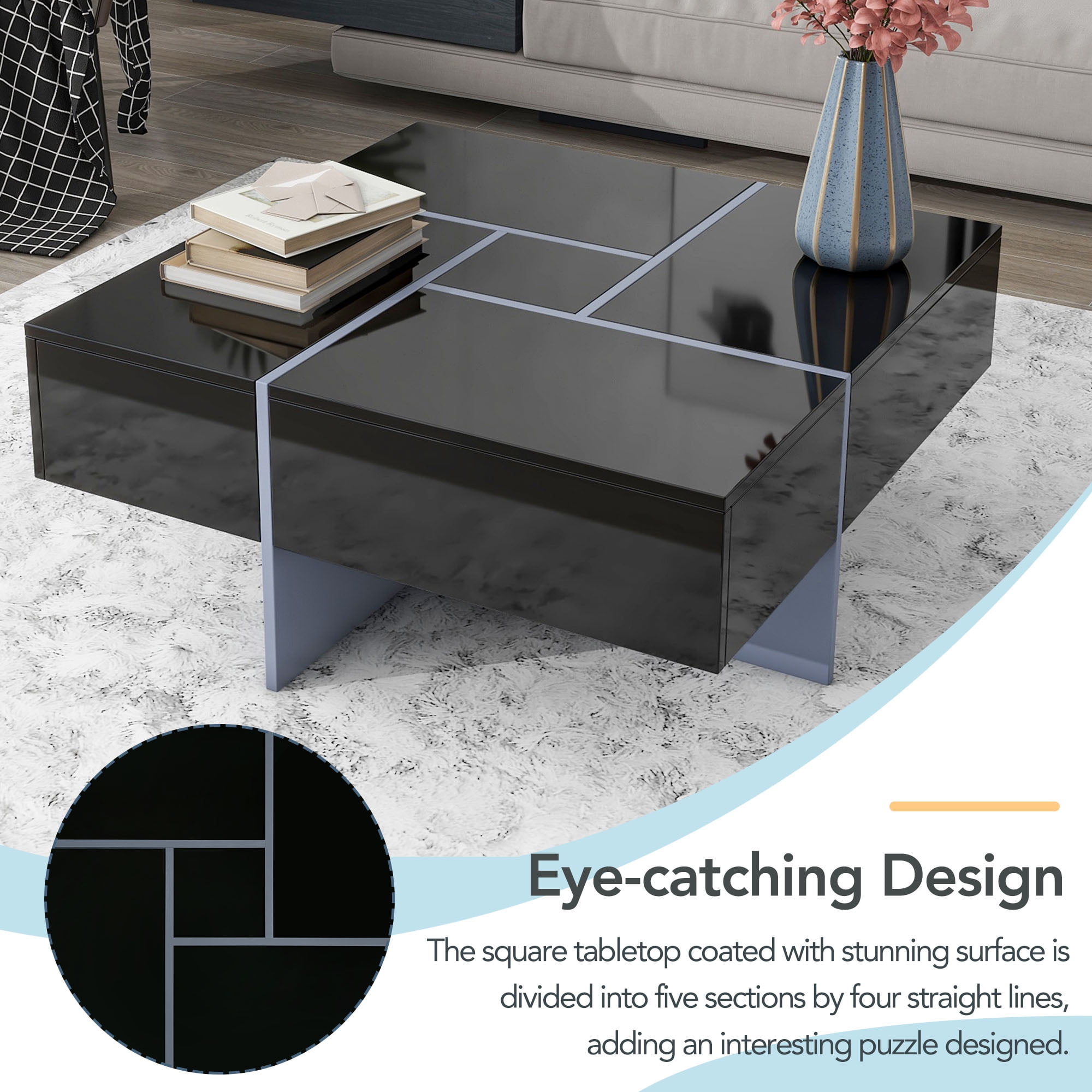 MAYEERTY Unique Design Coffee Table with 4 Hidden Storage Compartments, Square Cocktail Table with Extendable Sliding Tabletop, UV High-Gloss Center Table for Living Room, 31.5"x 31.5",Black