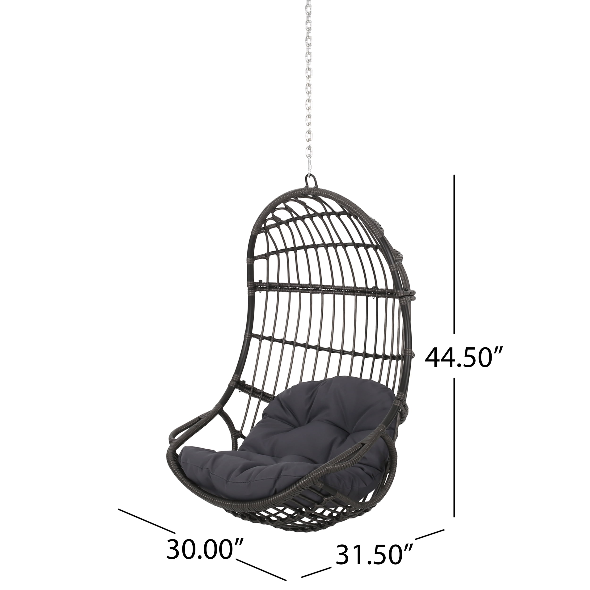 Outdoor Hanging Swing Chair with 8ft Chain, Wicker Weave Suspended Leisure Seat for Patio Garden, Gray