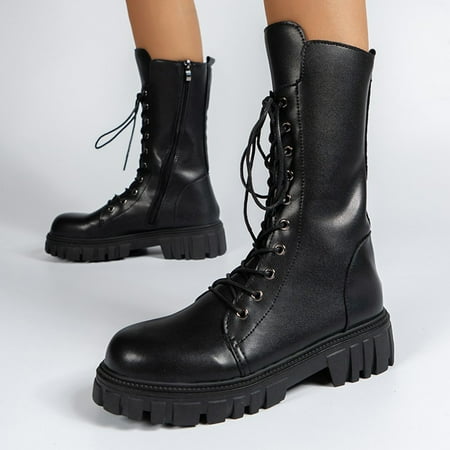 

ZMHEGW Women Boots Ladies British Style Solid Leather Lace Up Platm Mid Cut Biker Boots Shoes
