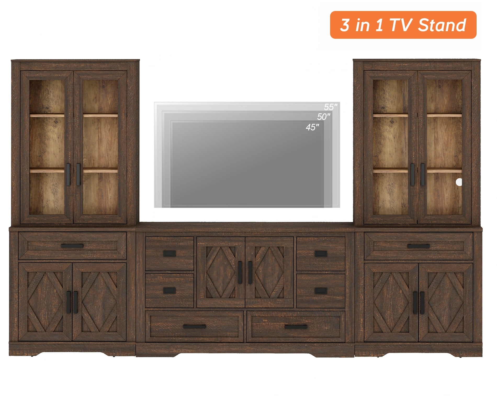 WAMPAT Farmhouse Entertainment Center with Bookshelf for TVs up to 60",Mid Century Modern TV Stand with 73"H Tall 5-Tier Bookcase with Open Storage and Barn Doors for Living Room,Bedroom,Espresso