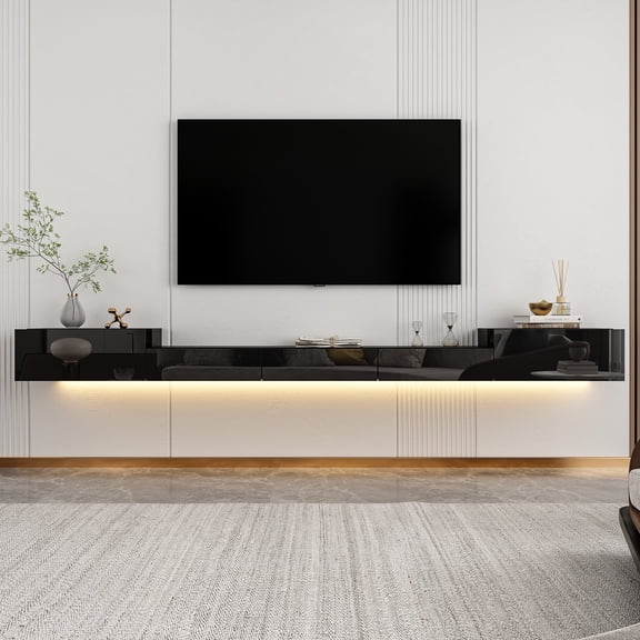 KULAGAGA Floating TV Stand Media Console with 5 Drawers and Led Lights for Living Room, Black