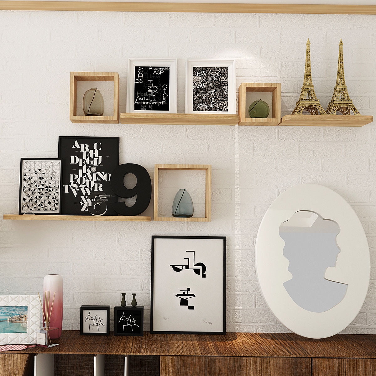 Set Of 6 Floating Wall Mounted Shelves Display Storage Home Decor Set Of 6 Floating Wall Mounted Shelves