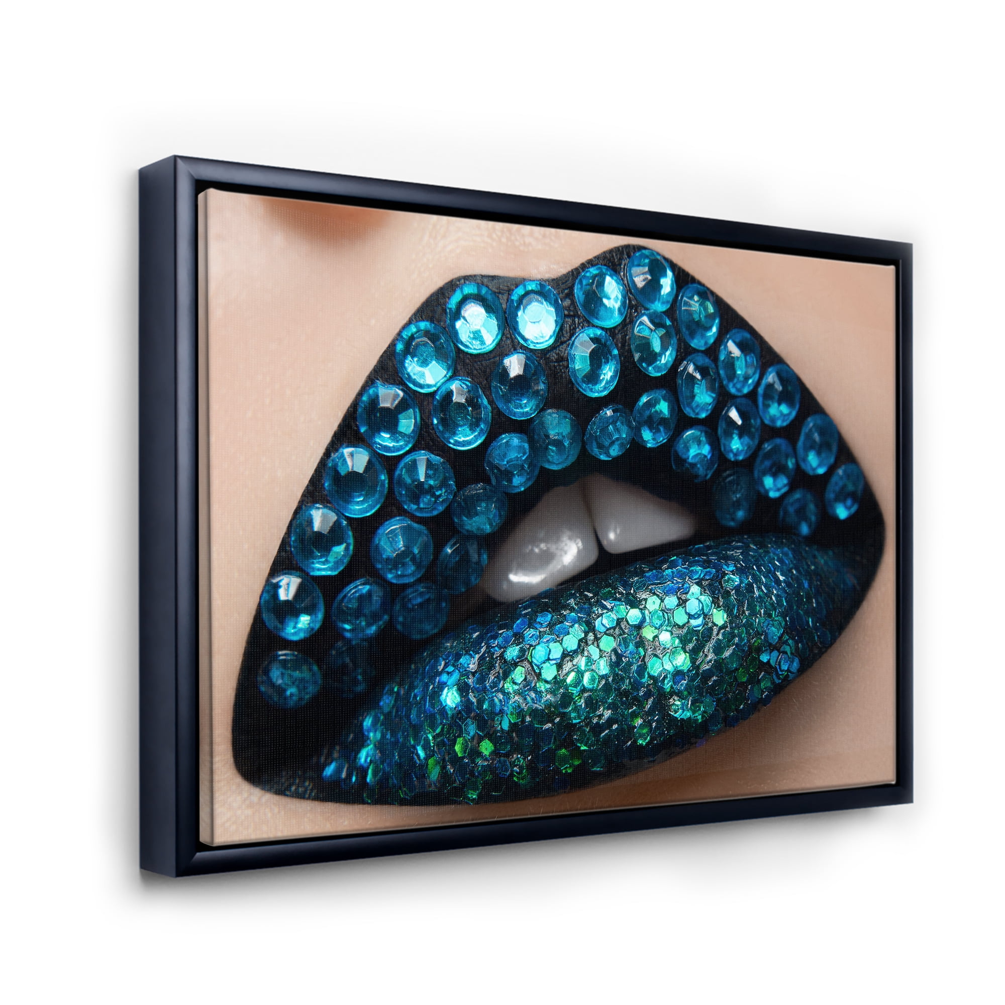 Designart 'Woman Lips With Black Lipstick Blue Diamonds' Modern Framed Canvas Wall Art Print