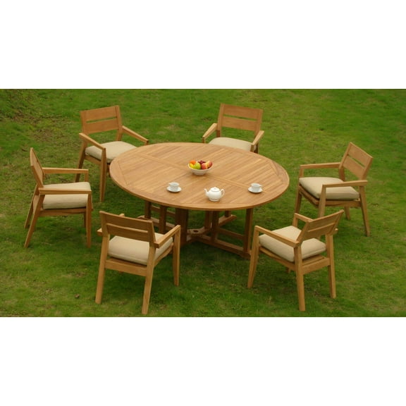 Teak Dining Set:6 Seater 7 Pc - 72" Round Table And 6 Vellore Stacking Arm Chairs Outdoor Patio Grade-A Teak Wood WholesaleTeak #WMDSVL5
