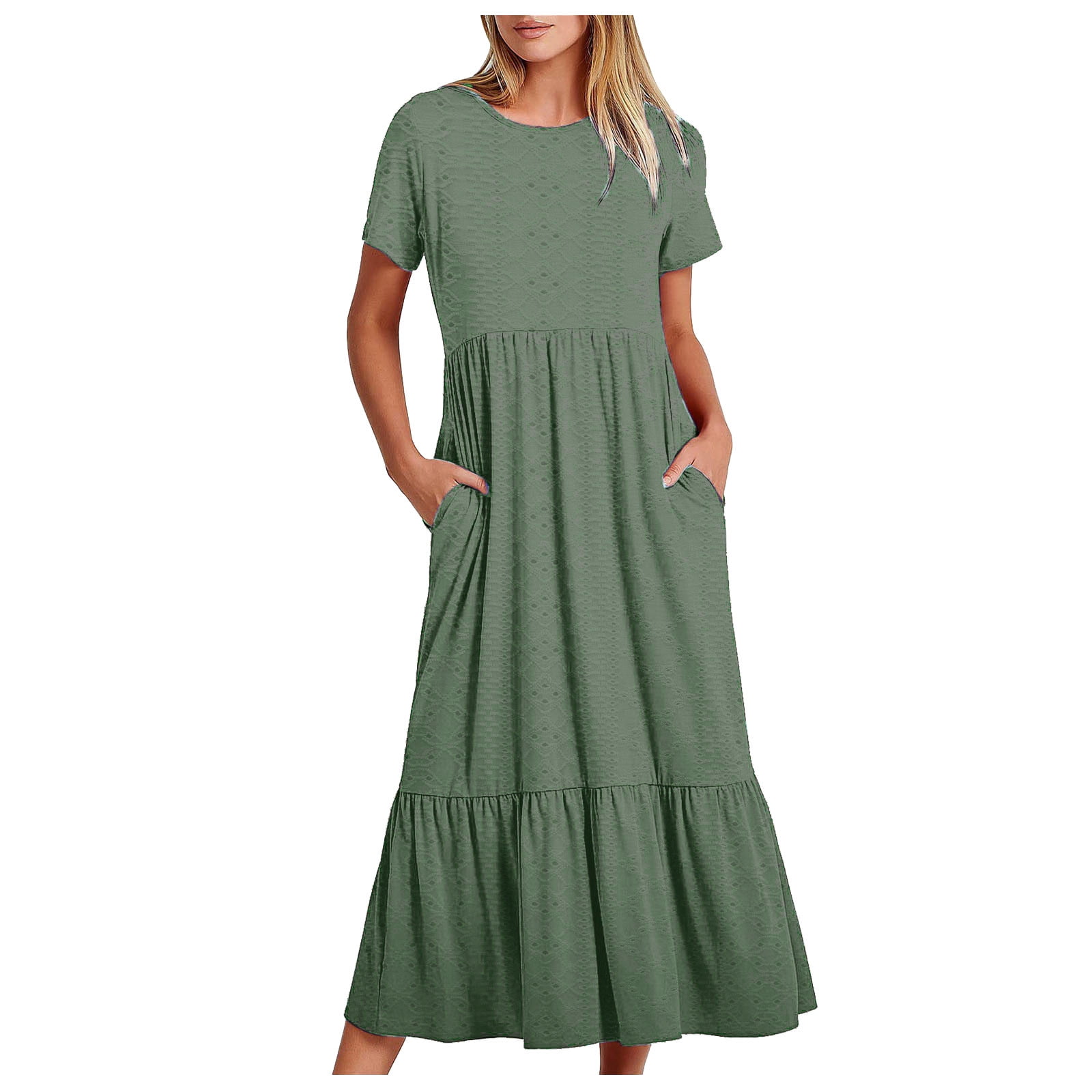 Sentmoon Summer Dress for Women Short Sleeve Solid Color Stretchy Birthday Dress 2026 Trendy Regular Fit Crew Neck Vacation Dresses for Women for Night Out and Club Green L