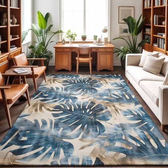 Area Rugs 5'x7', Blue Brown Palm Leaf Carpet Runner Indoor Outdoor Rugs Home Decor Aesthetic, Vintage Summer Botanical Non Slip Mats Washable Accent Rug for Living Room Bedroom