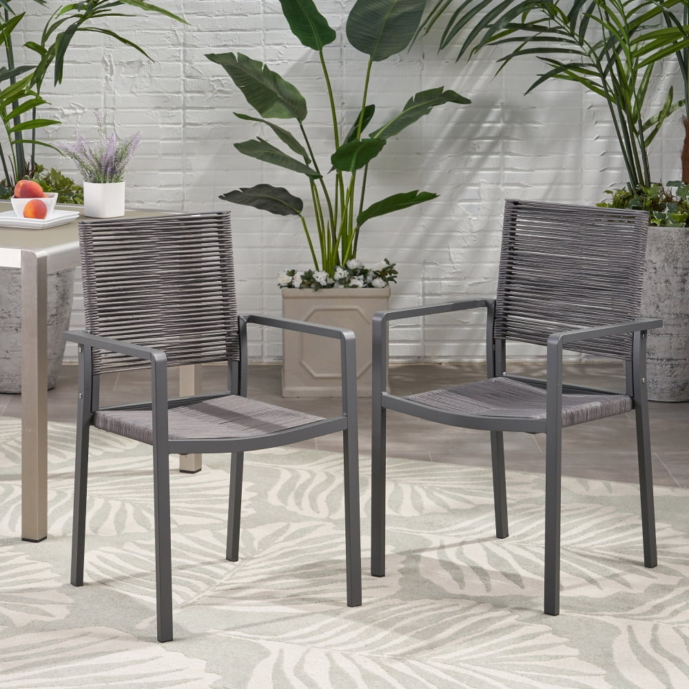 Set of 2 Gray Aluminum Outdoor Dining Chairs with Woven Rope Seat, Modern Patio Seating for Garden or Deck