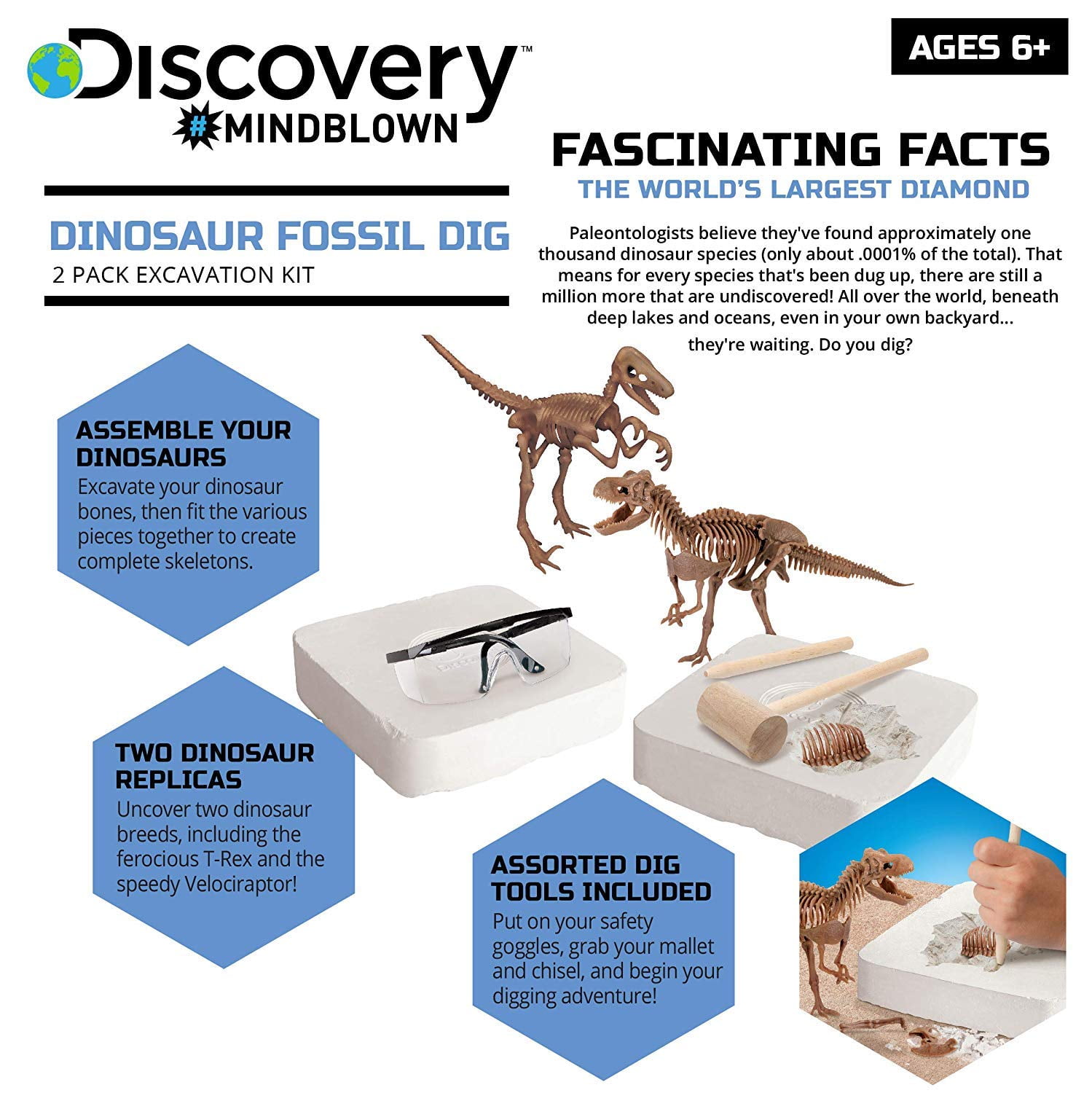 Discovery Mindblown Toy Dinosaur 3d Fossil Skeleton Excavation Kit