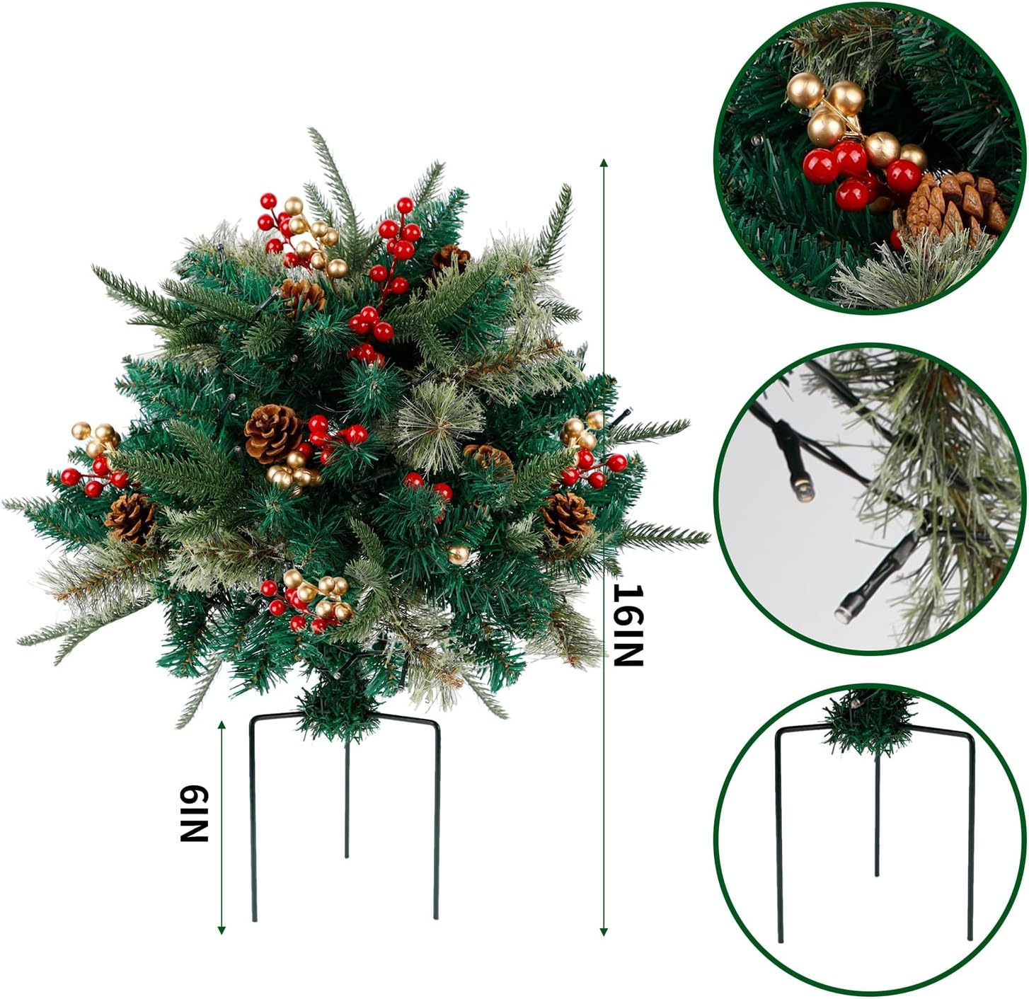 Lighted Artificial Christmas Urn Filler, Pre-lit Xmas Pine Trees with ...