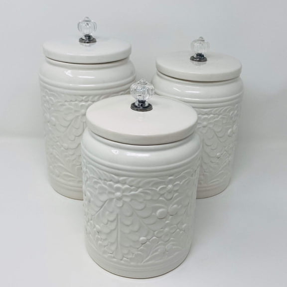 Set of 3 White Unique Floral Sealed Storage Canisters with Glass Knobs, 11"