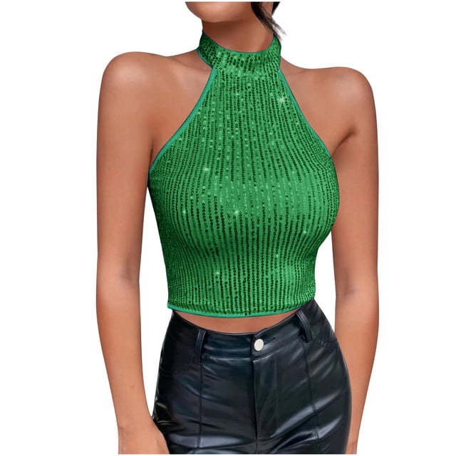AherBiu Crop Tops for Women Sequin Halter Party Tank Tops Cold Shoulder Sleeveless Going out Tops