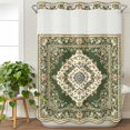 thumbnail image 3 of Green Boho No Hook Shower Curtain Waterproof, Bathroom Curtains with Snap in Liners and See Through Top Window, Chic Traditional Antique Geometric Rustic Hotel Style Bathtub Curtains Shower 60"Wx72"L, 3 of 8