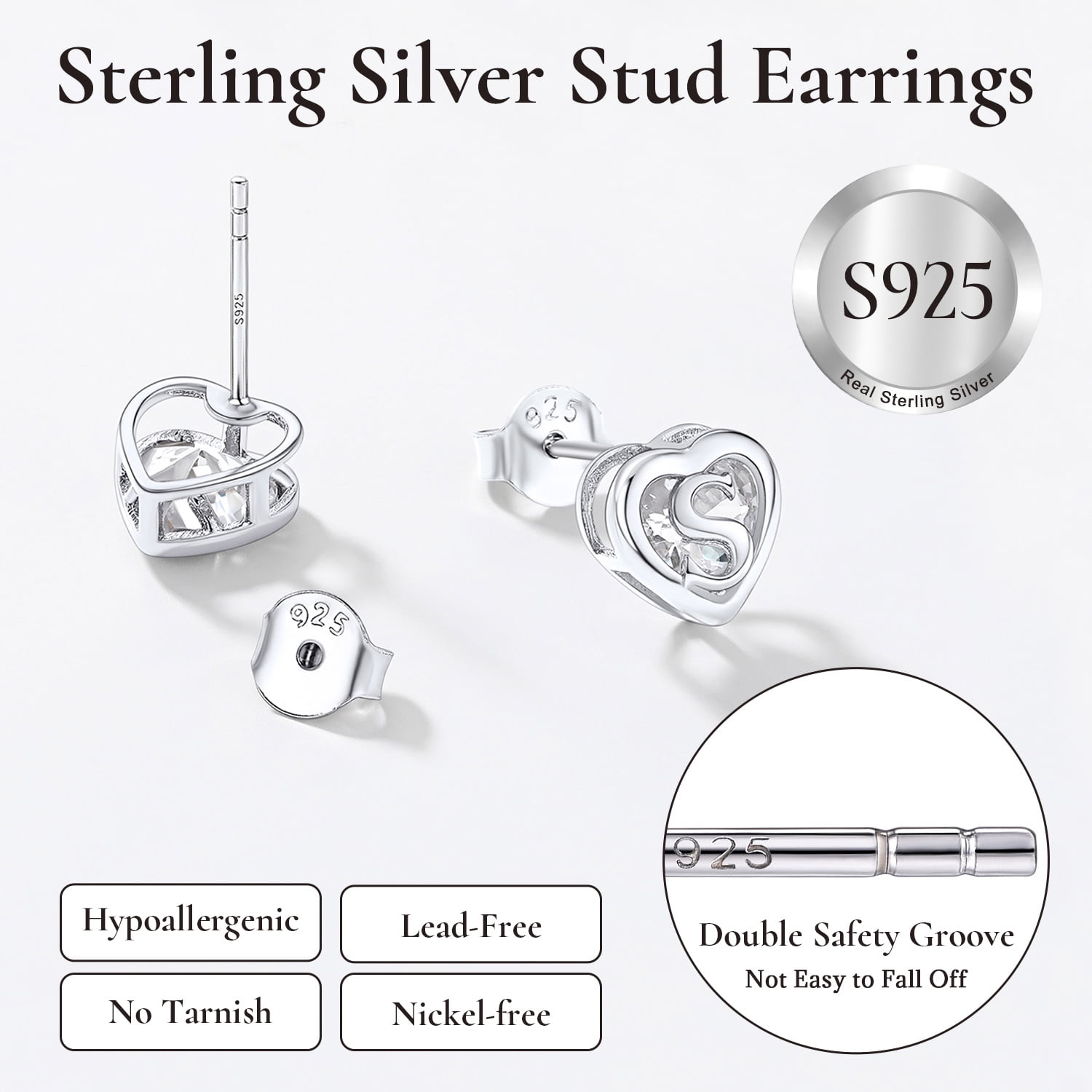 U7 Initial Heart Stud Earrings for Women Letter M Earring Sterling Silver Hypoallergenic Studs CZ Earring Jewelry for Mom Daughter Birthday Mother's Day Gift