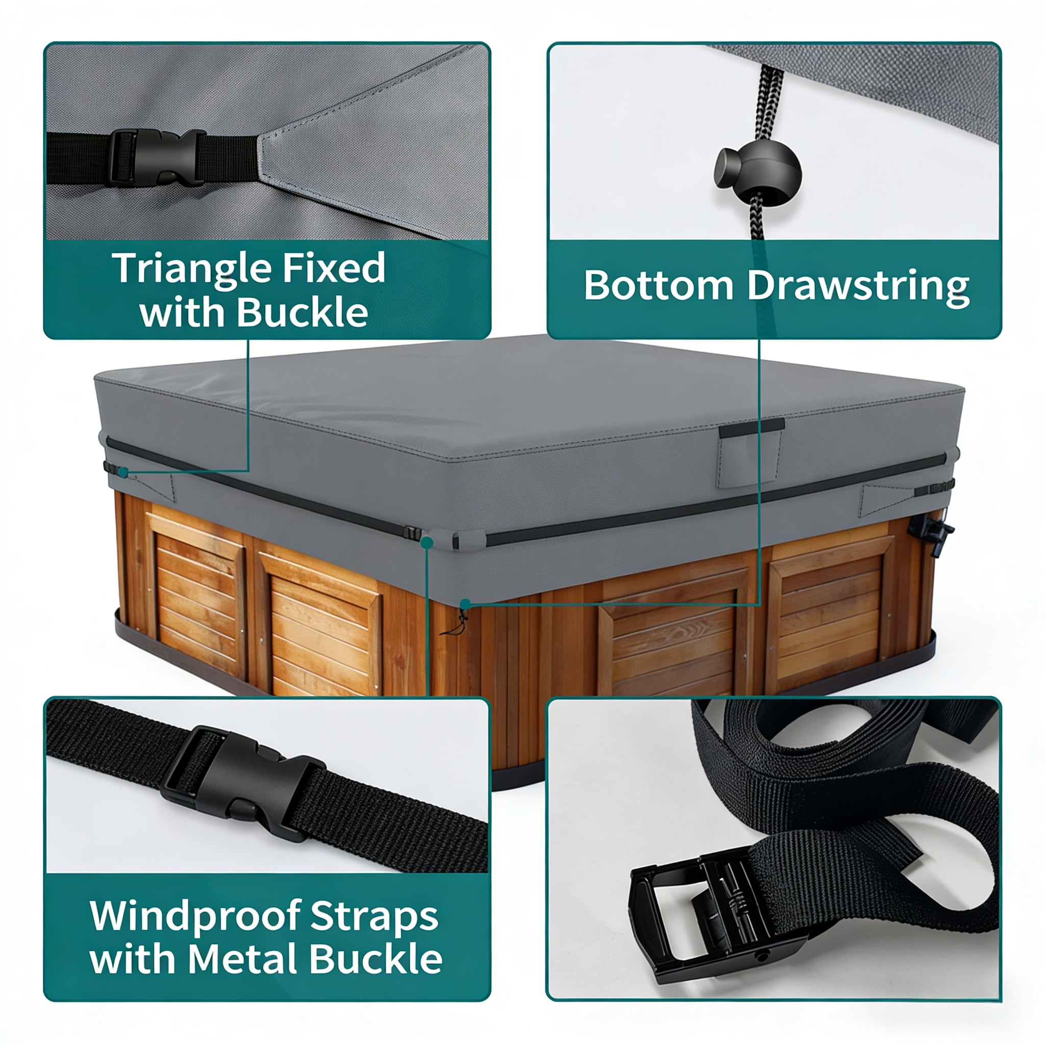 Square Hot Tub Cover Waterproof, Heavy Duty Insulated Outdoor SPA Cover with Windproof Lock & Handles for Energy Saving, 87"x87"