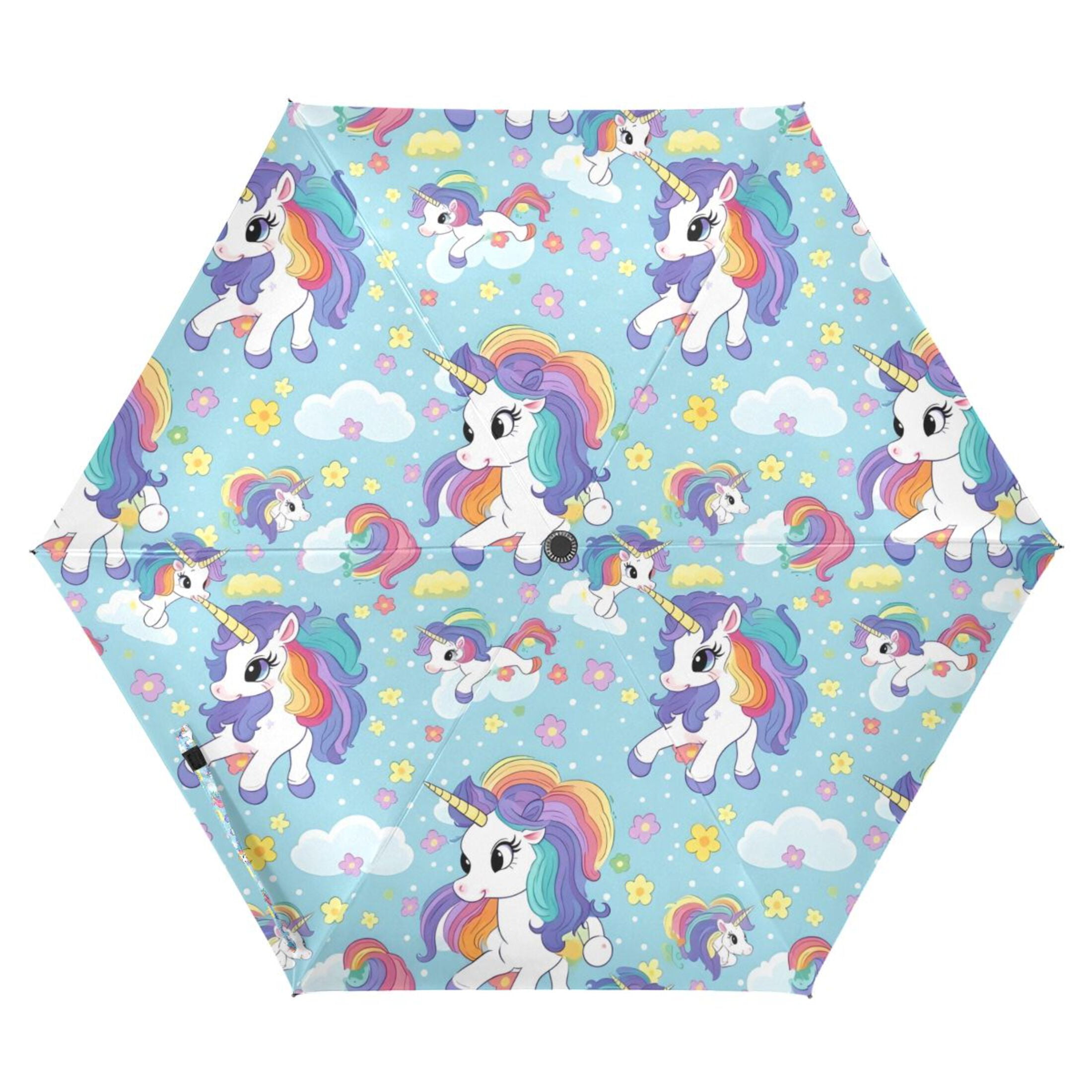 Cute Unicorns Compact Folding Umbrella for Rain Windproof Travel Umbrella UPF 50+ Lightweight Packable Arc Size