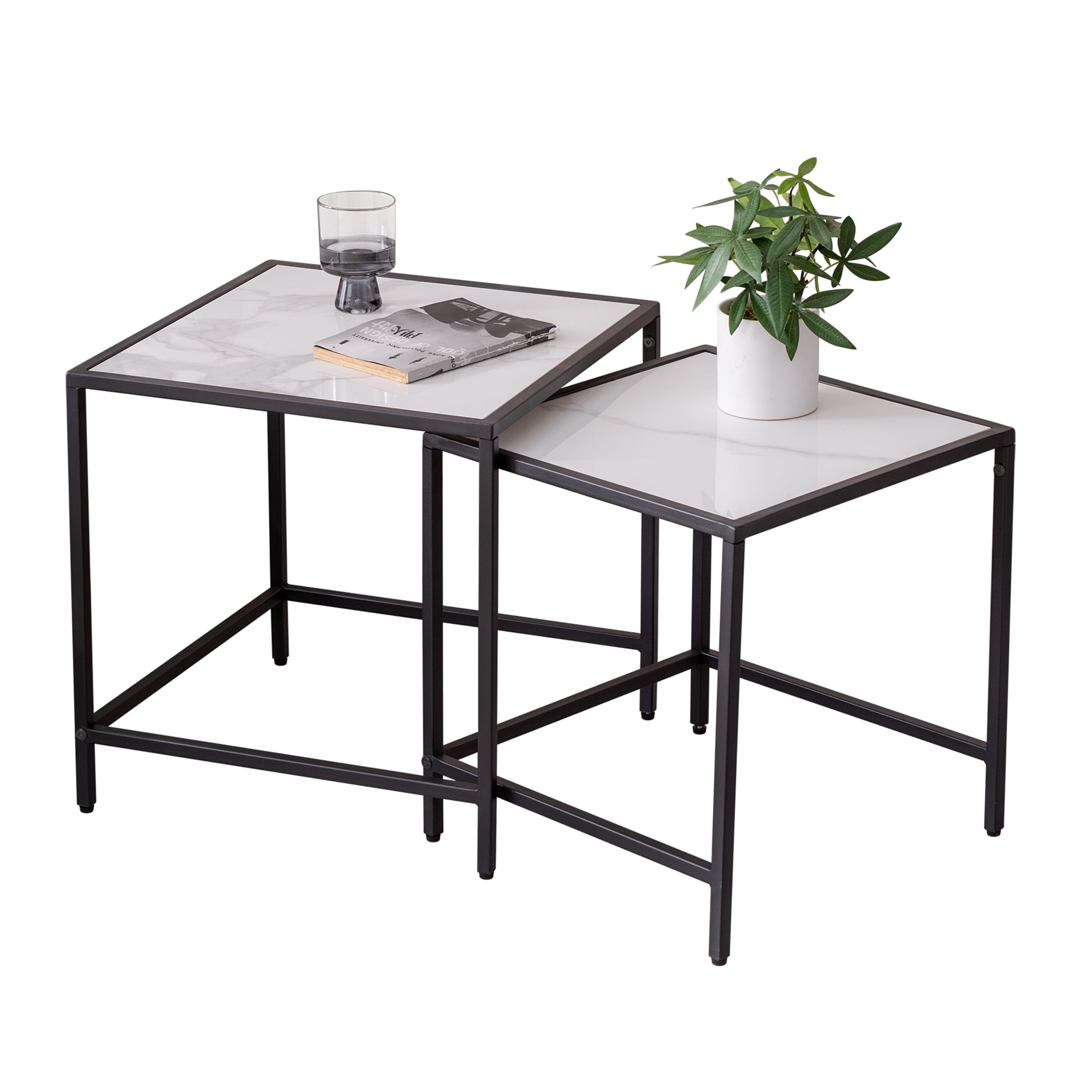 NAUTOUS Nesting End Tables Stone Top with Black Metal Frame Side