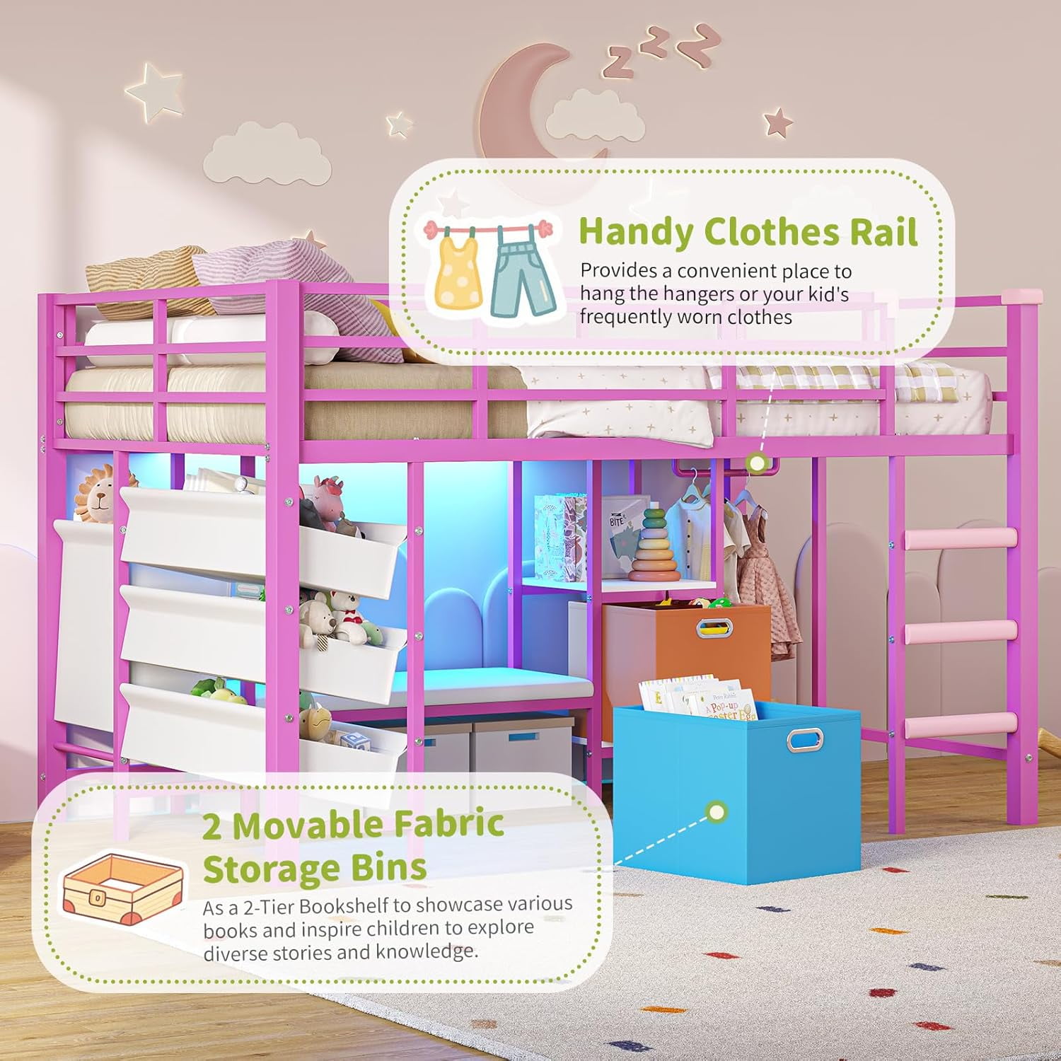 Mabor Twin Size Loft Bed with LED Lights & Reading Bench, Metal Loft Bed Frame with Bookshelf & Storage Basket & Stairs & Full-Length Guardrail for Bedroom, Pink