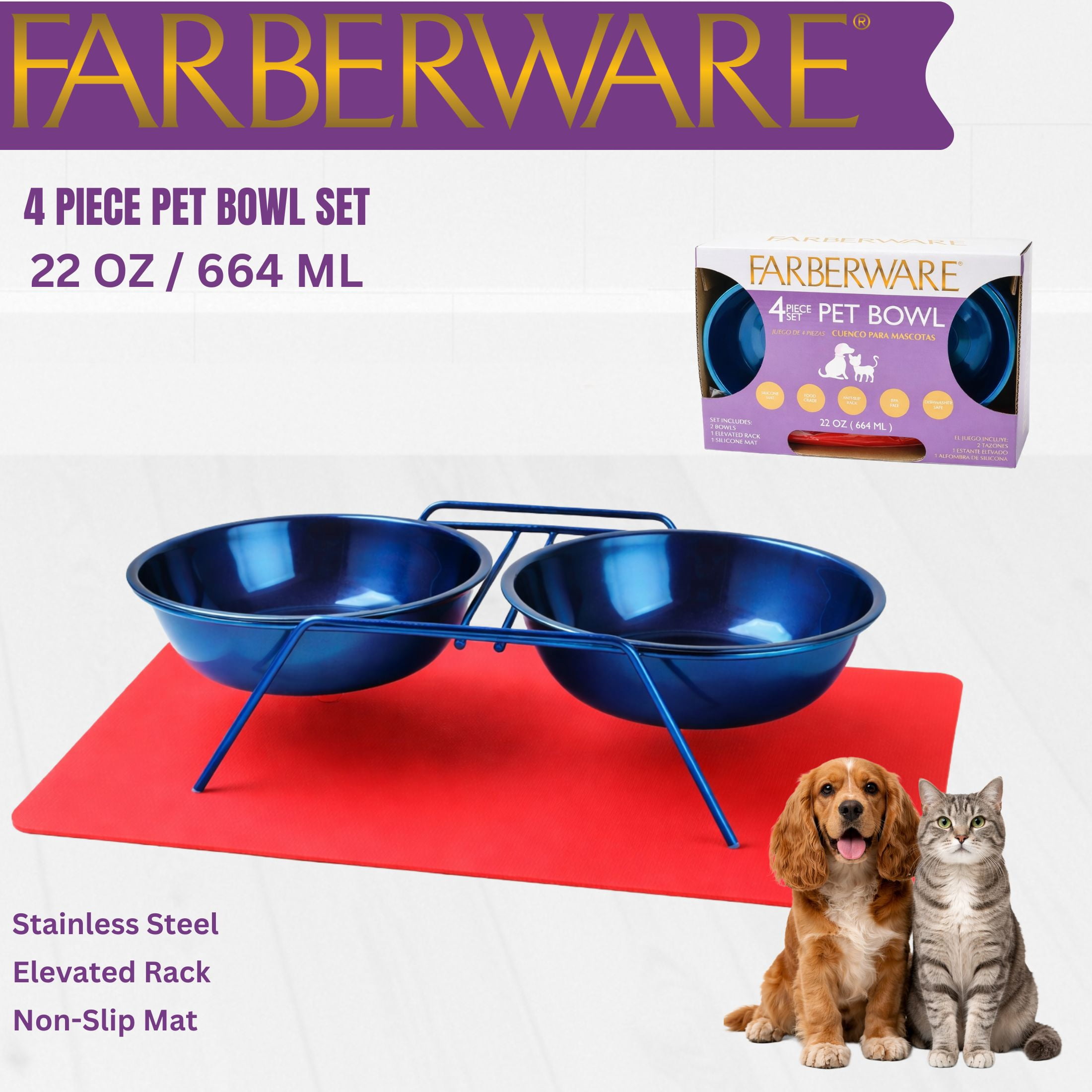 Farberware 4 Piece set - Double Elevated Bowl set with Silicone Feeding Mat 664 ML / 22 OZ