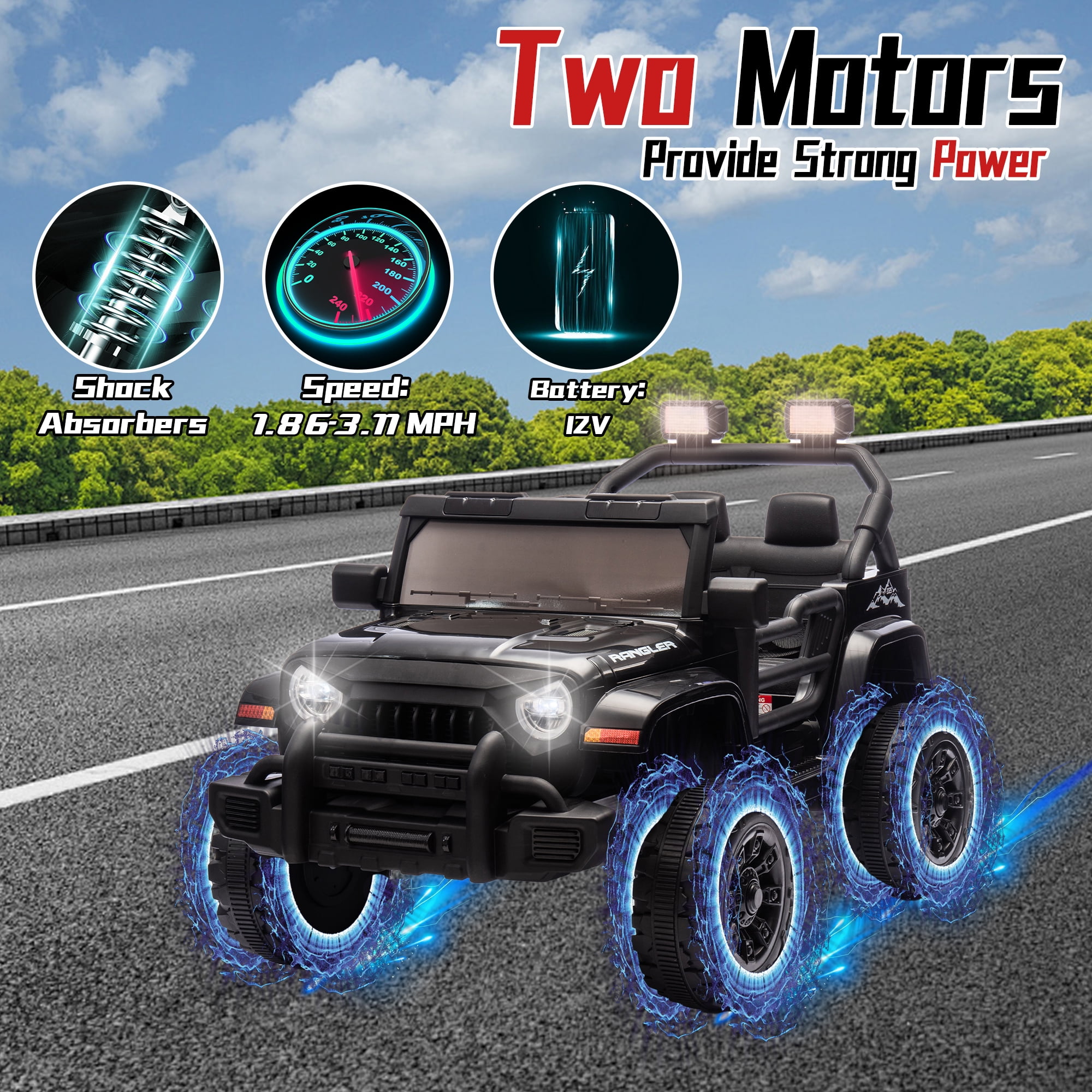Xuanlur 12V Kids Ride on Car with Remote Control, Ride on Toys w/ Dual Drive, Four-Wheel Suspension, Bluetooth Music, LED Lights, USB, Shock Absorption, Toys Car for Kids Aged, Black