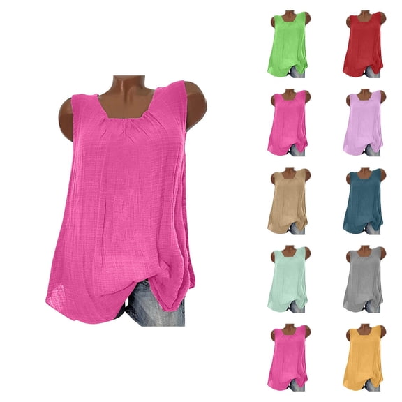 Tank Tops for Women Cotton Linen Lightweight Crewneck Loose Fit Sleeveless Shirt Summer Outfits