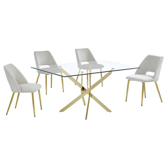 Rectangle 60" x 38" 5pc Clear Glass Dining Set with Cream Chairs
