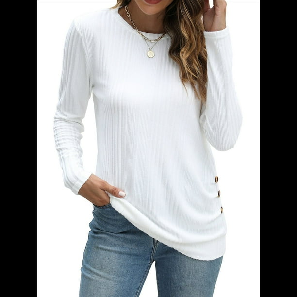 Camisas de Larga para Mujer, Túnicas, Blusas Holgadas, Elegantes, Cuello Redondo, Suéteres Básicos. L