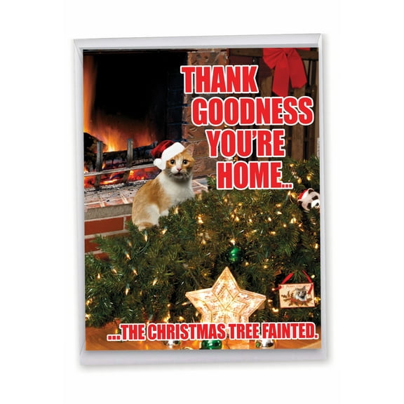 1 Jumbo Funny Holiday Christmas Greeting Card (8.5 x 11 Inch) - Tree Fainted-Cat Christmas Merry Christmas J2546XSG