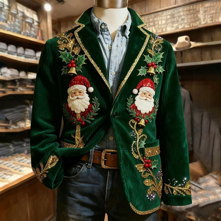 Stamzod Christmas Corduroy Jacket Men Santa Print Dress Jackets with Pocket  Xmas Party Black Blazer Men Holiday Sport Coat Green-1 XXXXL