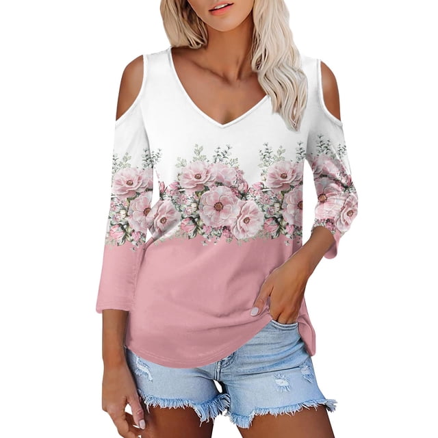 Seductiva T-Shirt à Manches Longues pour Femmes jusqu'à 50 % de Réduction Manches 3/4 Hauts pour Femmes Printemps 2025 Col Décontracté Tunique Imprimée T-Shirts Trois Quarts Hauts pour Femmes