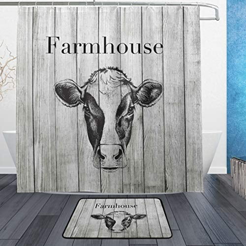 Djrow Farmhouse Cow Shower Curtain Set 72 Inch And Bath Mat Includes Bathtub Waterproof Decorative Curtains Floor With 12 Piece Hooks Com - Cow Shower Curtain Set