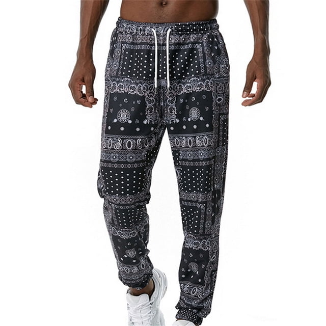 toraway Jeans for Men Black Stretch Men's Sweatpants Printed Trousers Drawstring Jogging Pants M